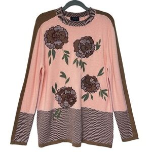 {Carlisle Collection} Floral Applique Knit Lightweight Long Sleeve Boho Sweater